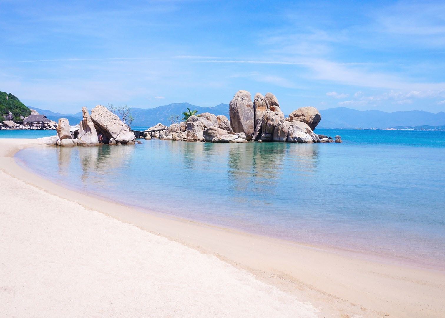A panoramic view of Nha Trang beach with clear blue waters and white sand