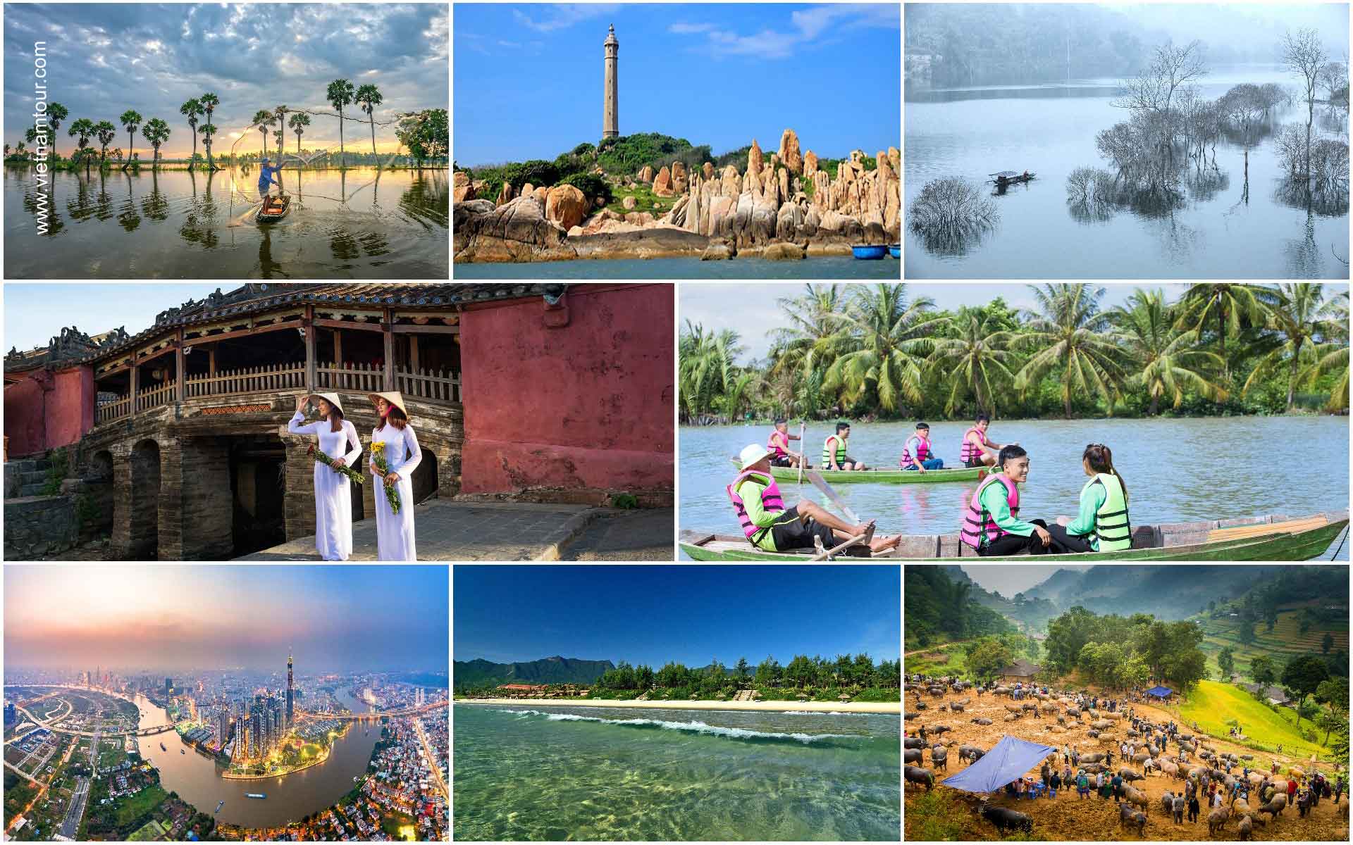 One photo contains a collection of 8 photos showing the most famous places in Vietnam: Hoi an, mekong delta, halong bay, da Nang, ho chi minh city...