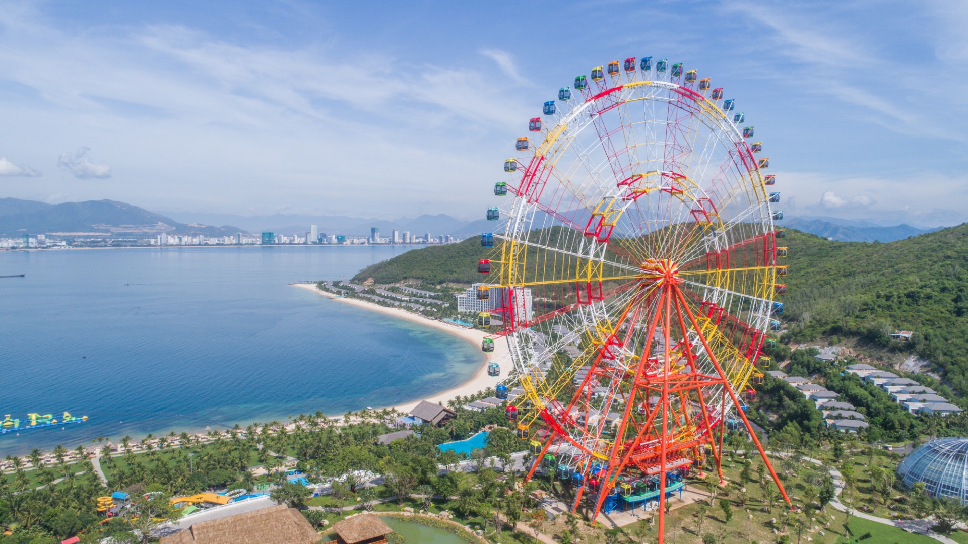 A photo of the Vinpearl Land amusement park on an island off the coast of Nha Trang.
